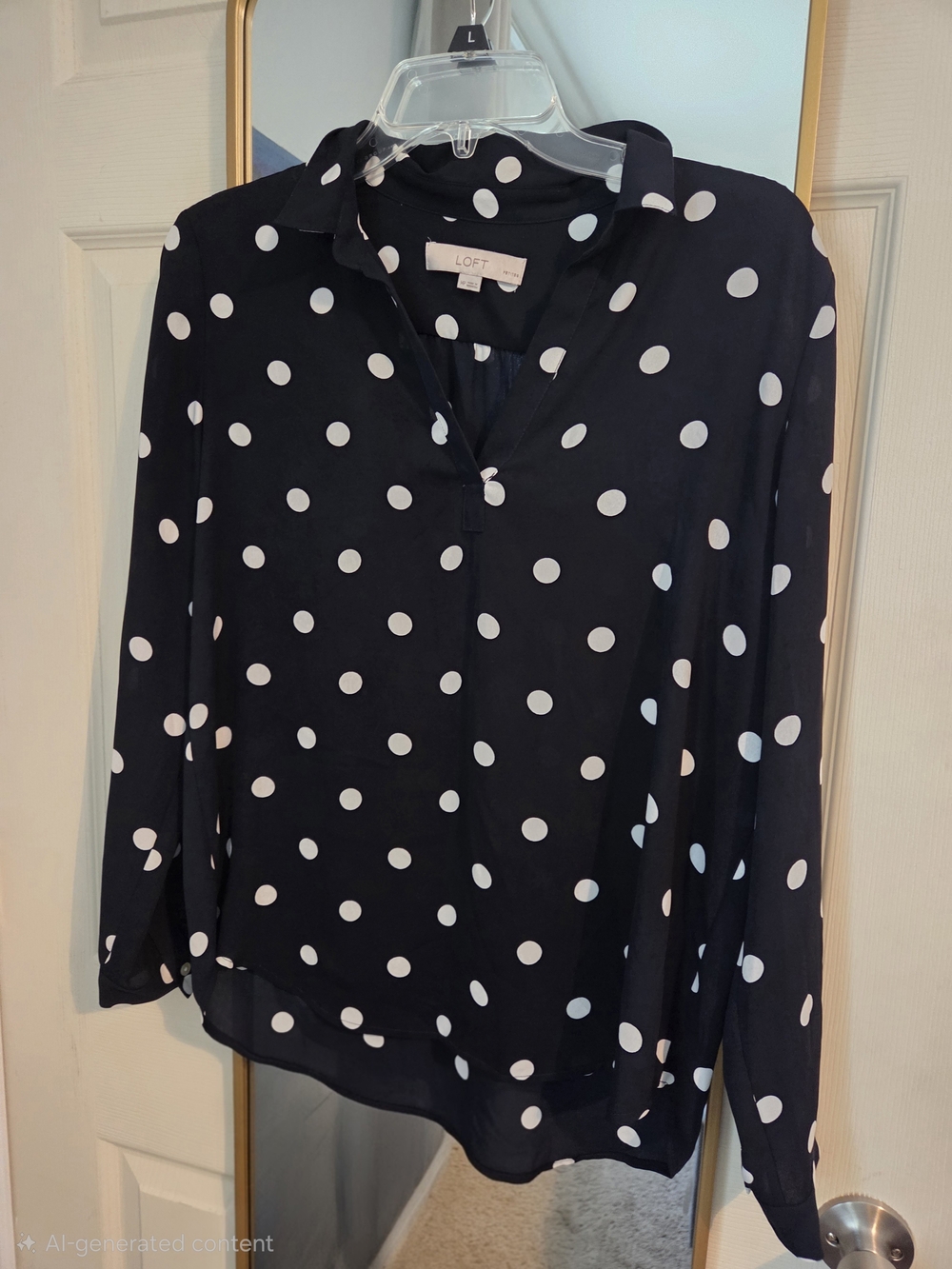 LOFT Navy and White Polka Dot V-Neck Blouse